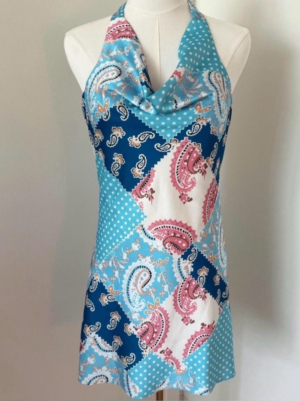 Cotton Candy Y2k boho fairy paisley patchwork boho backless halter mini dress S